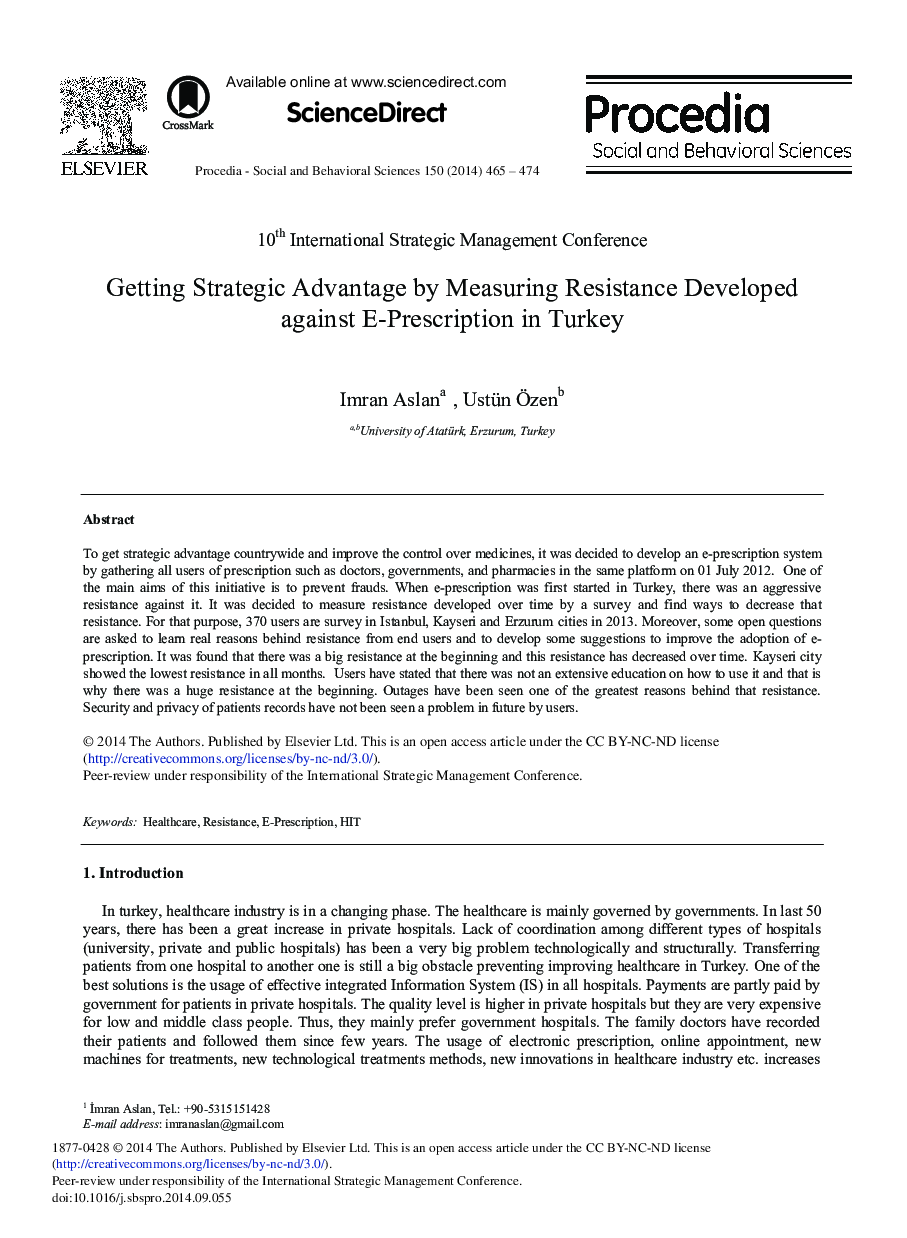 Getting Strategic Advantage by Measuring Resistance Developed against E-Prescription in Turkey 