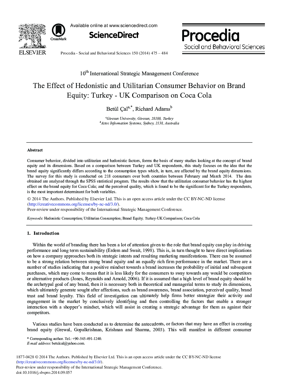 The Effect of Hedonistic and Utilitarian Consumer Behavior on Brand Equity: Turkey – UK Comparison on Coca Cola 