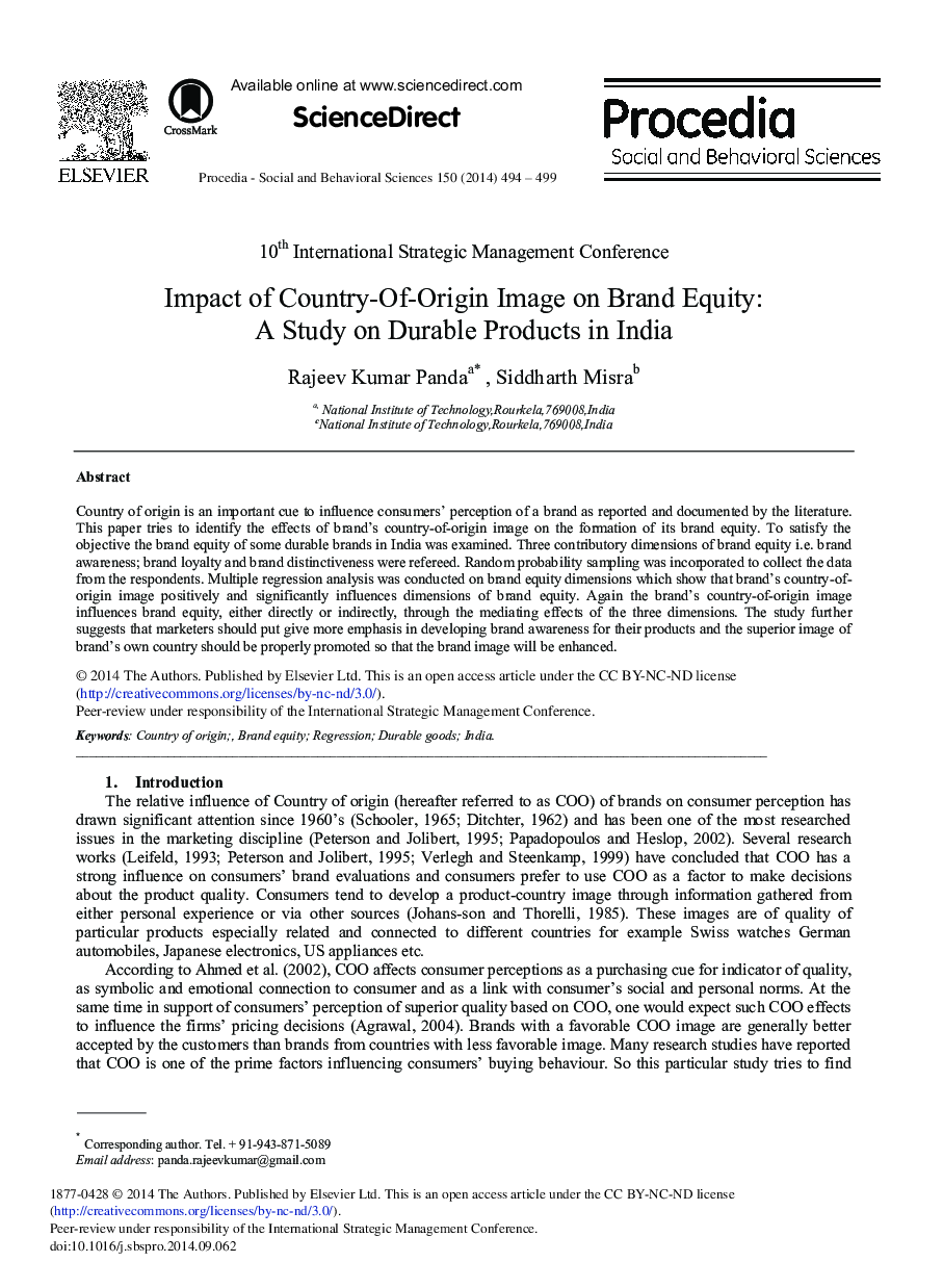 Impact of Country-of-origin Image on Brand Equity: A Study on Durable Products in India 