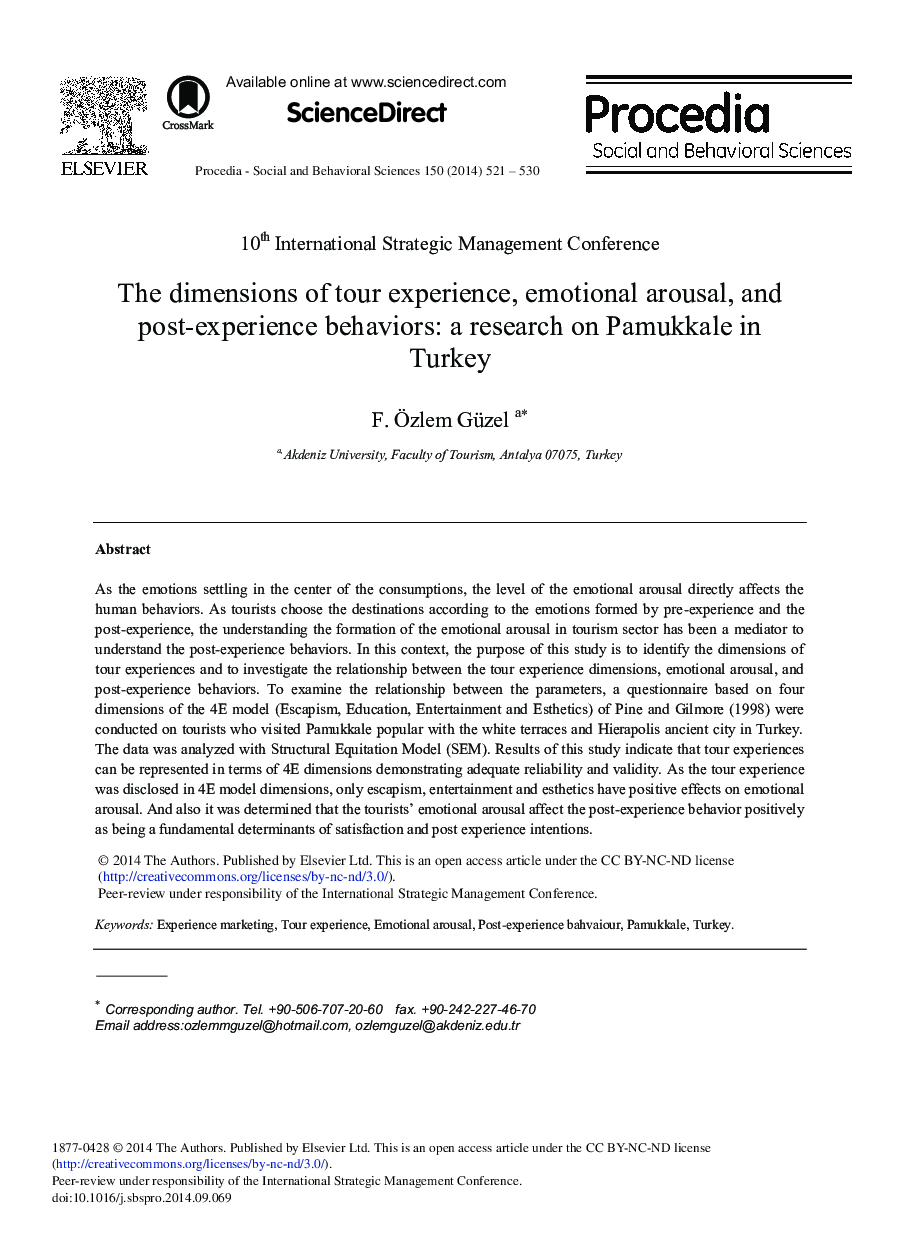 The Dimensions of Tour Experience, Emotional Arousal, and Post-experience Behaviors: A Research on Pamukkale in Turkey 