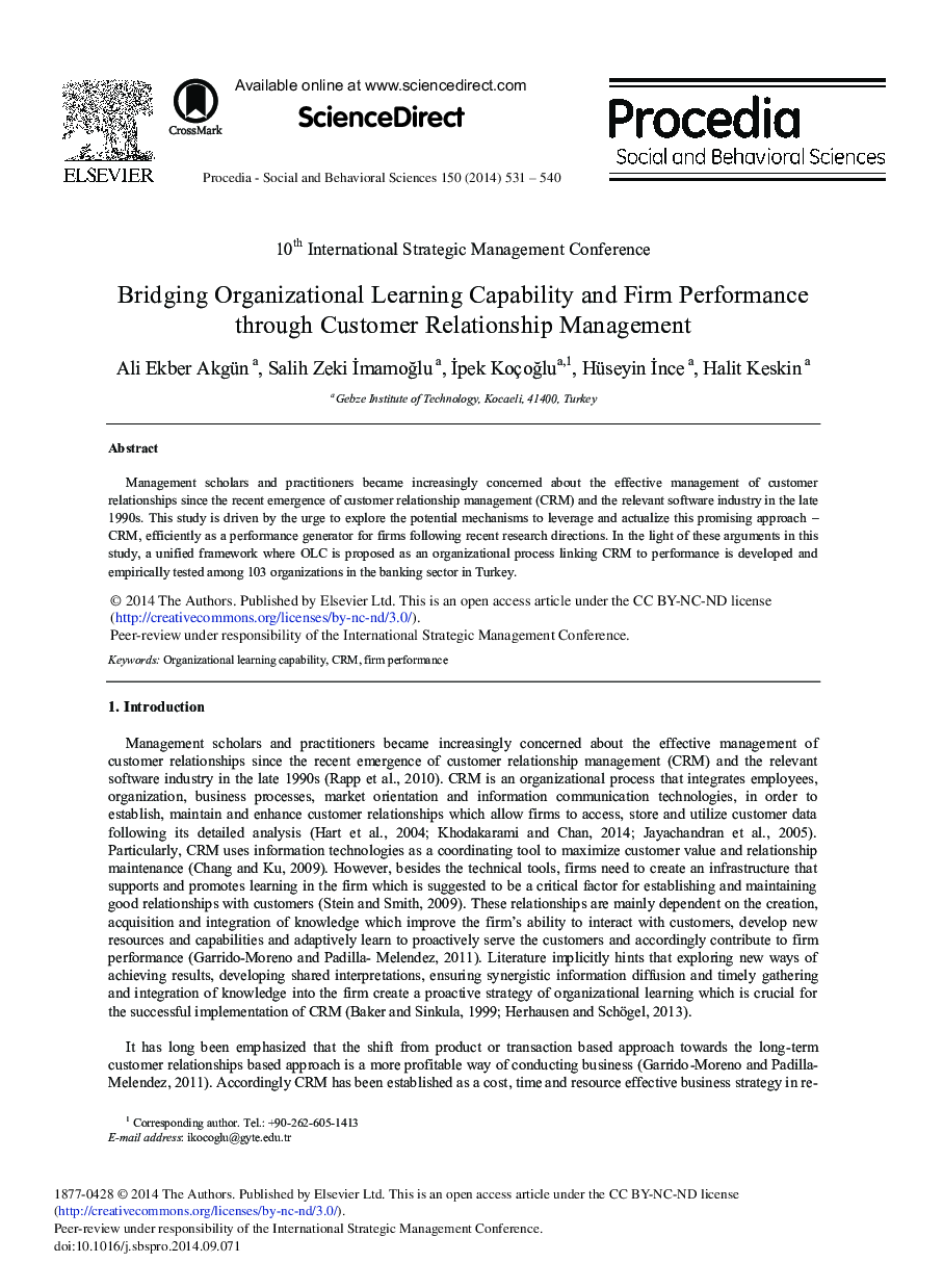 Bridging Organizational Learning Capability and Firm Performance through Customer Relationship Management 