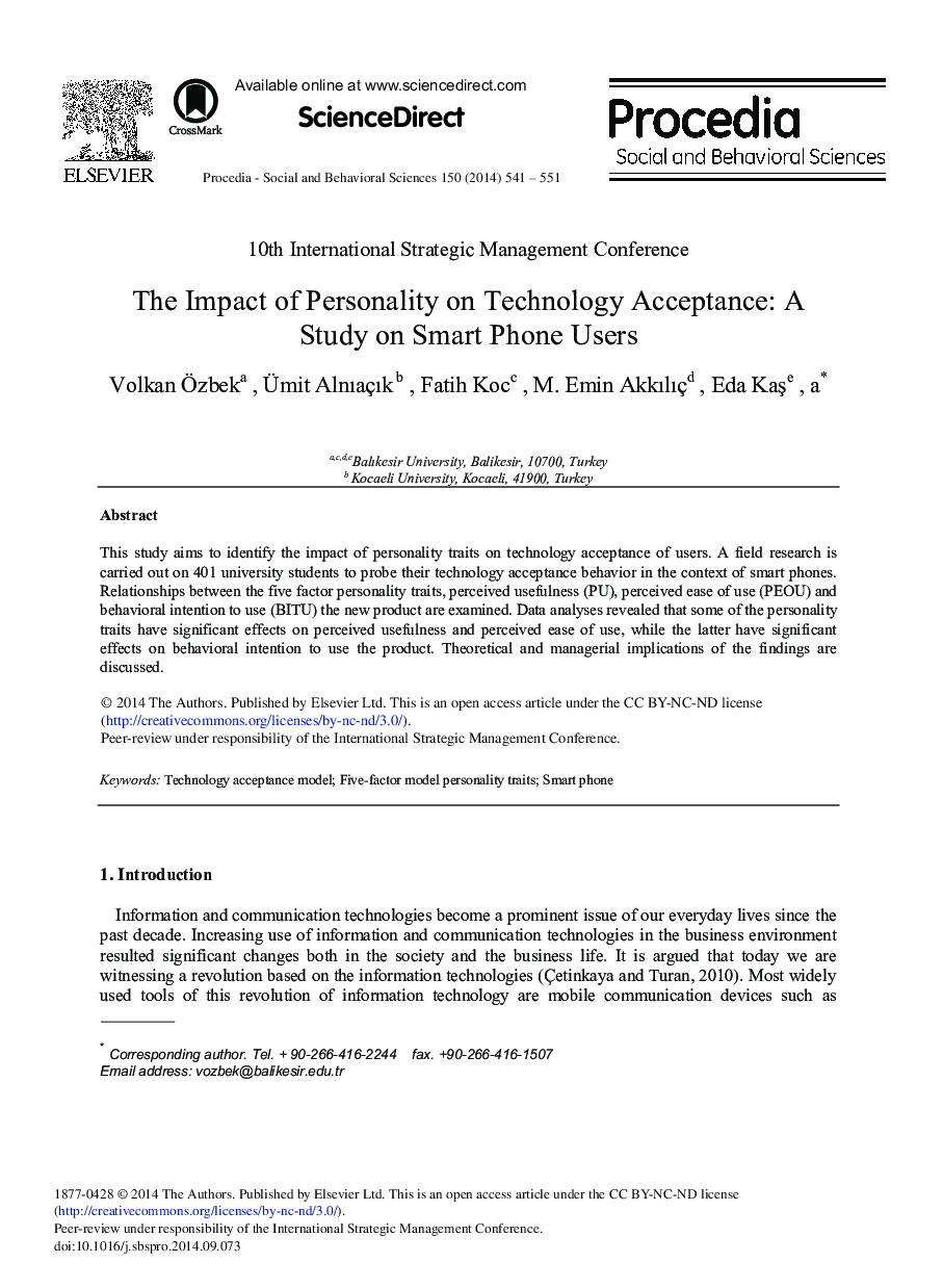 The Impact of Personality on Technology Acceptance: A Study on Smart Phone Users 