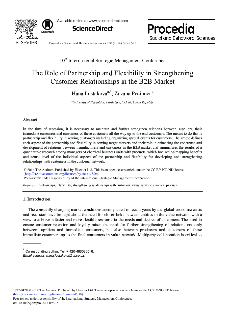 The Role of Partnership and Flexibility in Strengthening Customer Relationships in the B2B Market 