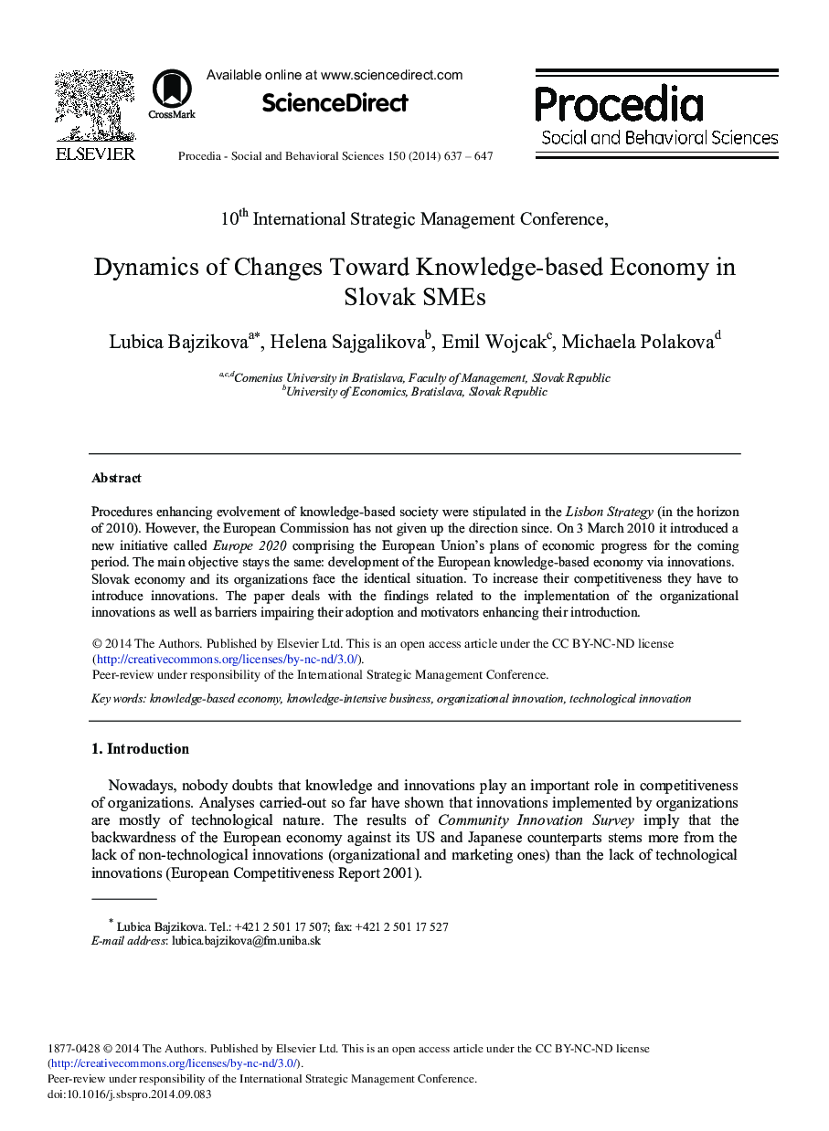 Dynamics of Changes toward Knowledge-based Economy in Slovak SMEs 