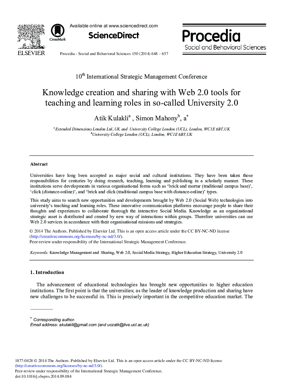 Knowledge Creation and Sharing with Web 2.0 Tools for Teaching and Learning Roles in So-called University 2.0 