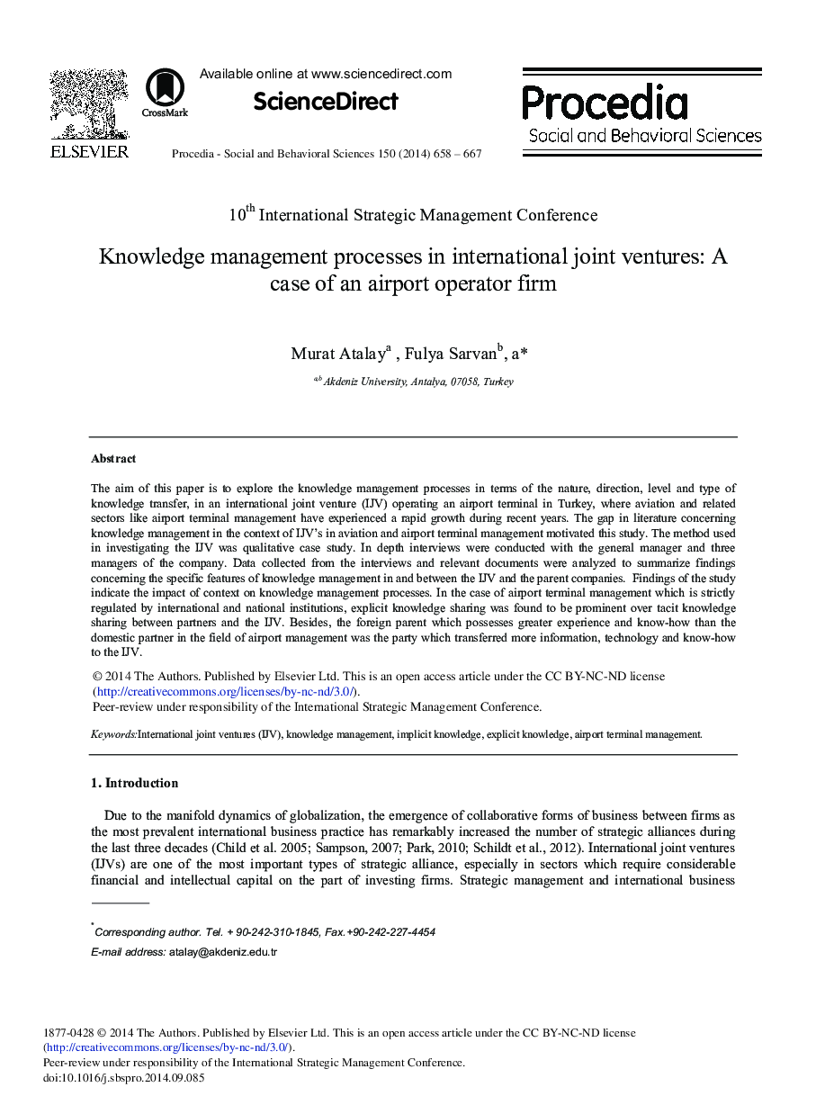 Knowledge Management Processes in International Joint Ventures: A Case of an Airport Operator Firm 