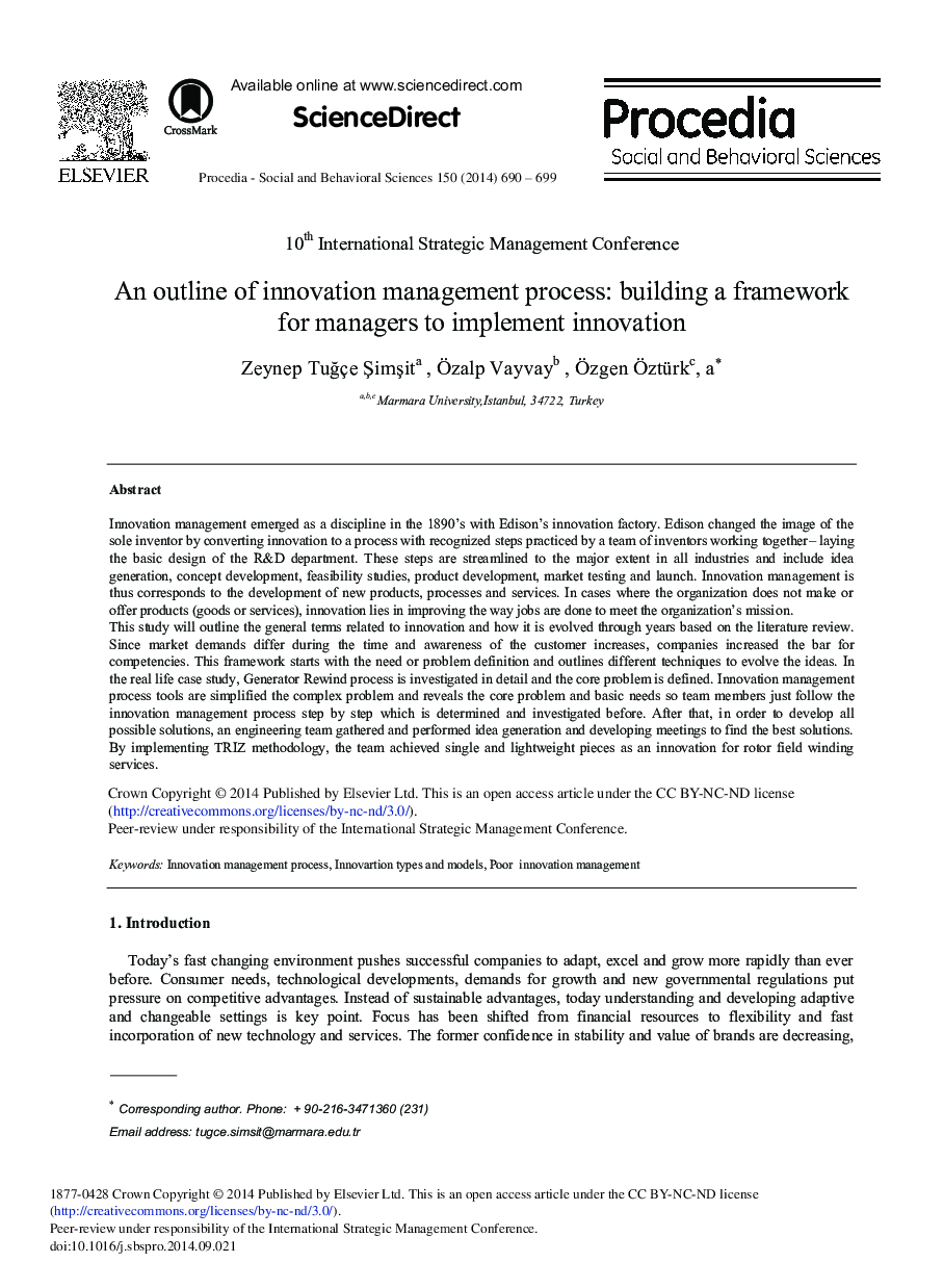 An Outline of Innovation Management Process: Building a Framework for Managers to Implement Innovation 