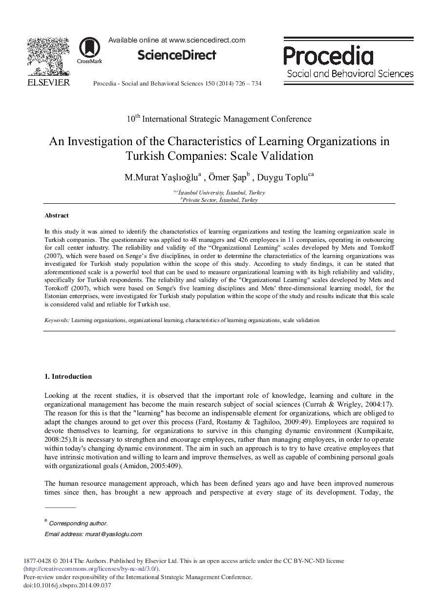 An Investigation of the Characteristics of Learning Organizations in Turkish Companies: Scale Validation 