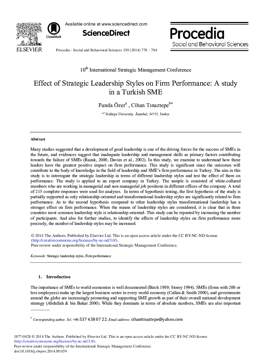 Effect of Strategic Leadership Styles on Firm Performance: A Study in a Turkish SME 