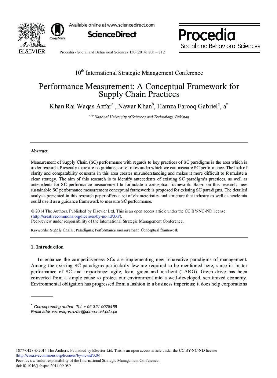 Performance Measurement: A Conceptual Framework for Supply Chain Practices 