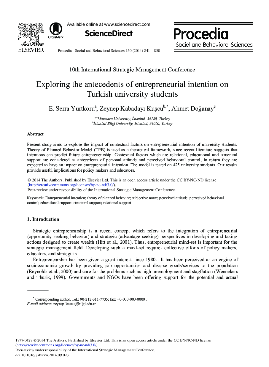 Exploring the Antecedents of Entrepreneurial Intention on Turkish University Students 