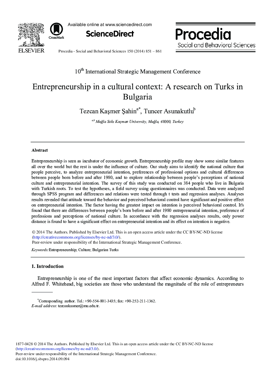 Entrepreneurship in a Cultural Context: A Research on Turks in Bulgaria 