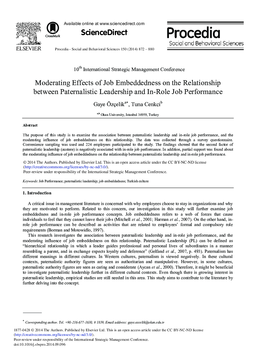 Moderating Effects of Job Embeddedness on the Relationship between Paternalistic Leadership and In-role Job Performance 