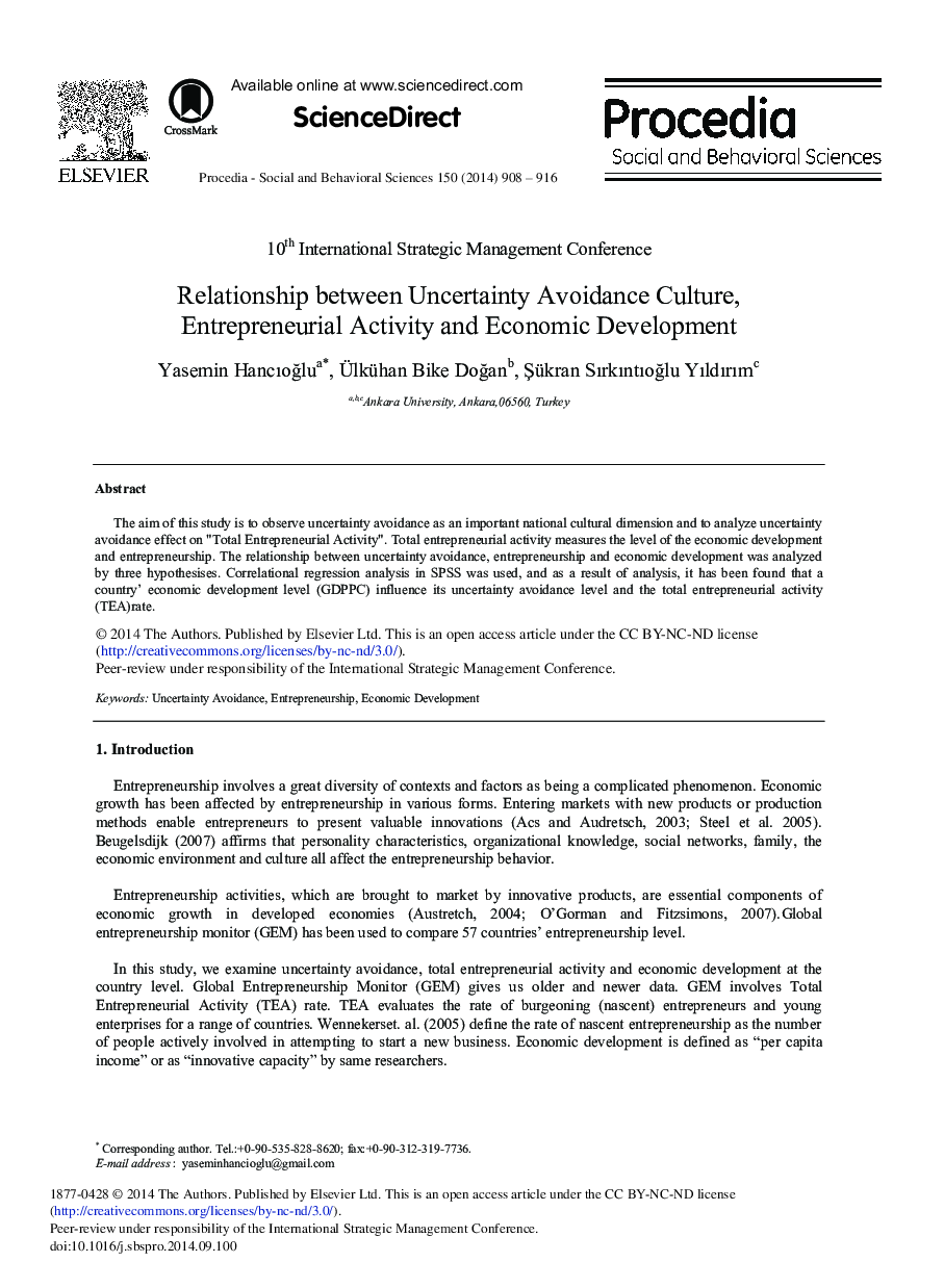 Relationship between Uncertainty Avoidance Culture, Entrepreneurial Activity and Economic Development 