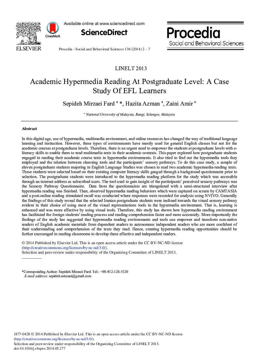 Academic Hypermedia Reading at Postgraduate Level: A Case Study of EFL Learners 