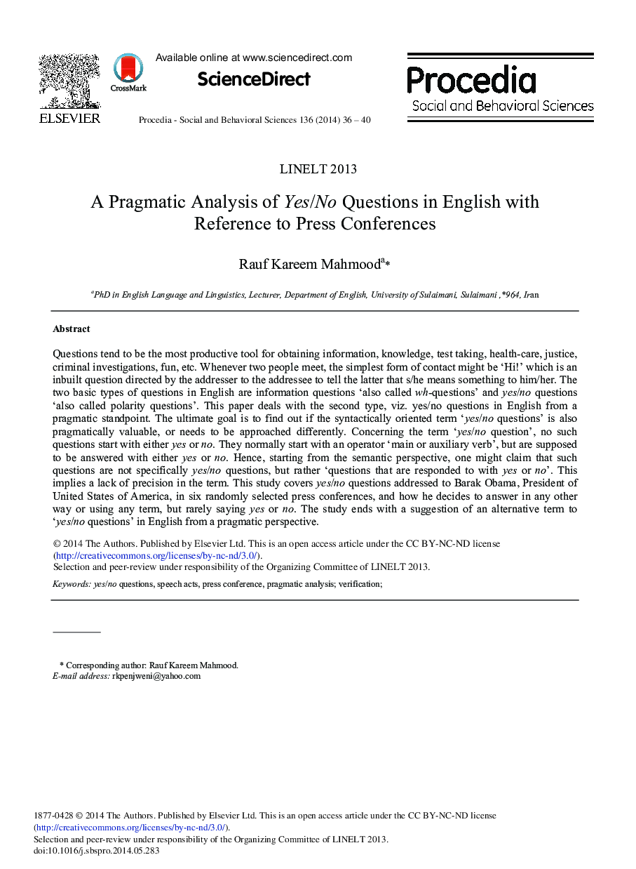 A Pragmatic Analysis of Yes/No Questions in English with Reference to Press Conferences 