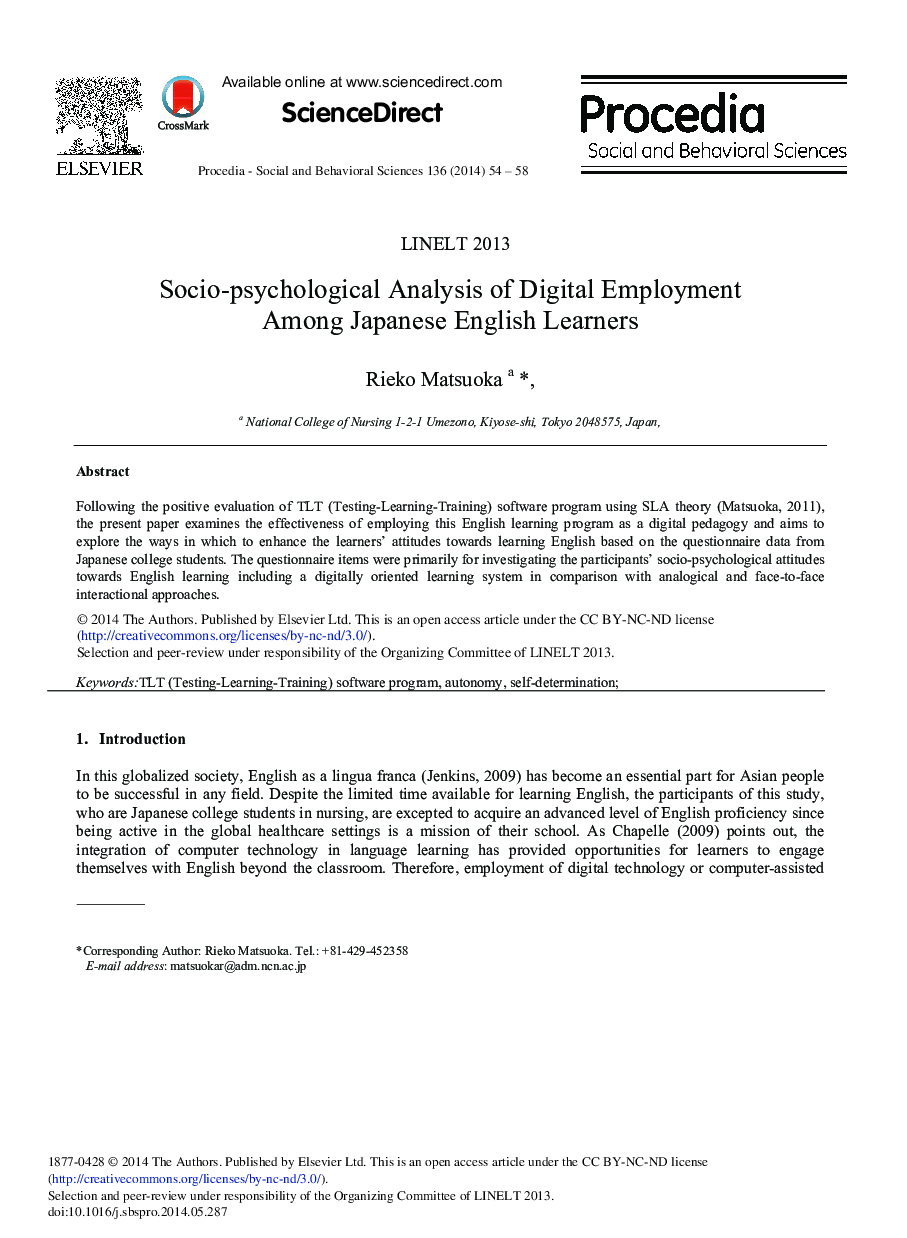 Socio-psychological Analysis of Digital Employment among Japanese English Learners 