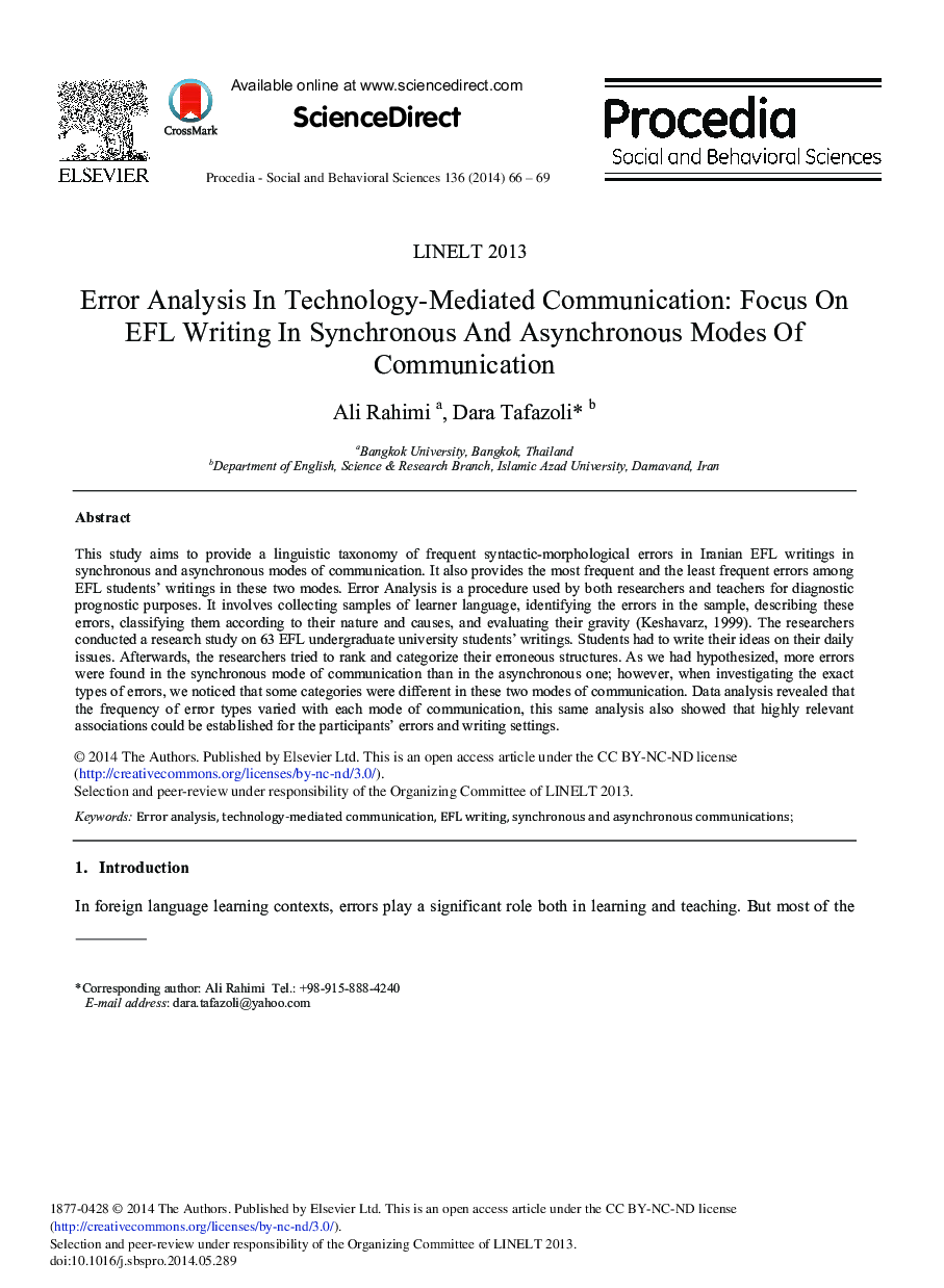 Error Analysis in Technology-mediated Communication: Focus on EFL Writing in Synchronous and Asynchronous Modes of Communication 