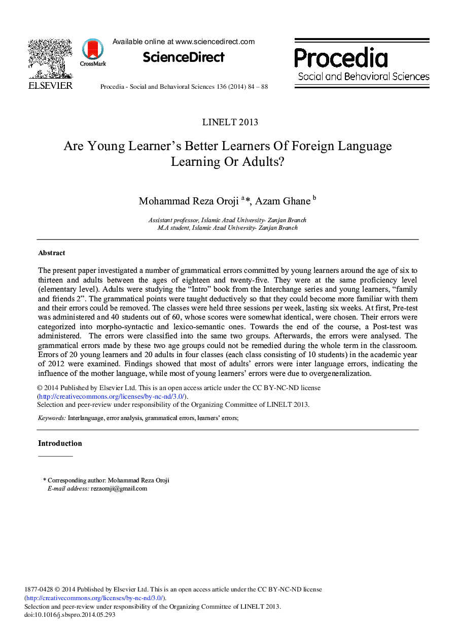 Are Young Learner's Better Learners of Foreign Language Learning or Adults? 