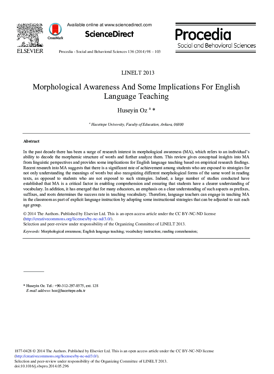 Morphological Awareness and Some Implications for English Language Teaching 