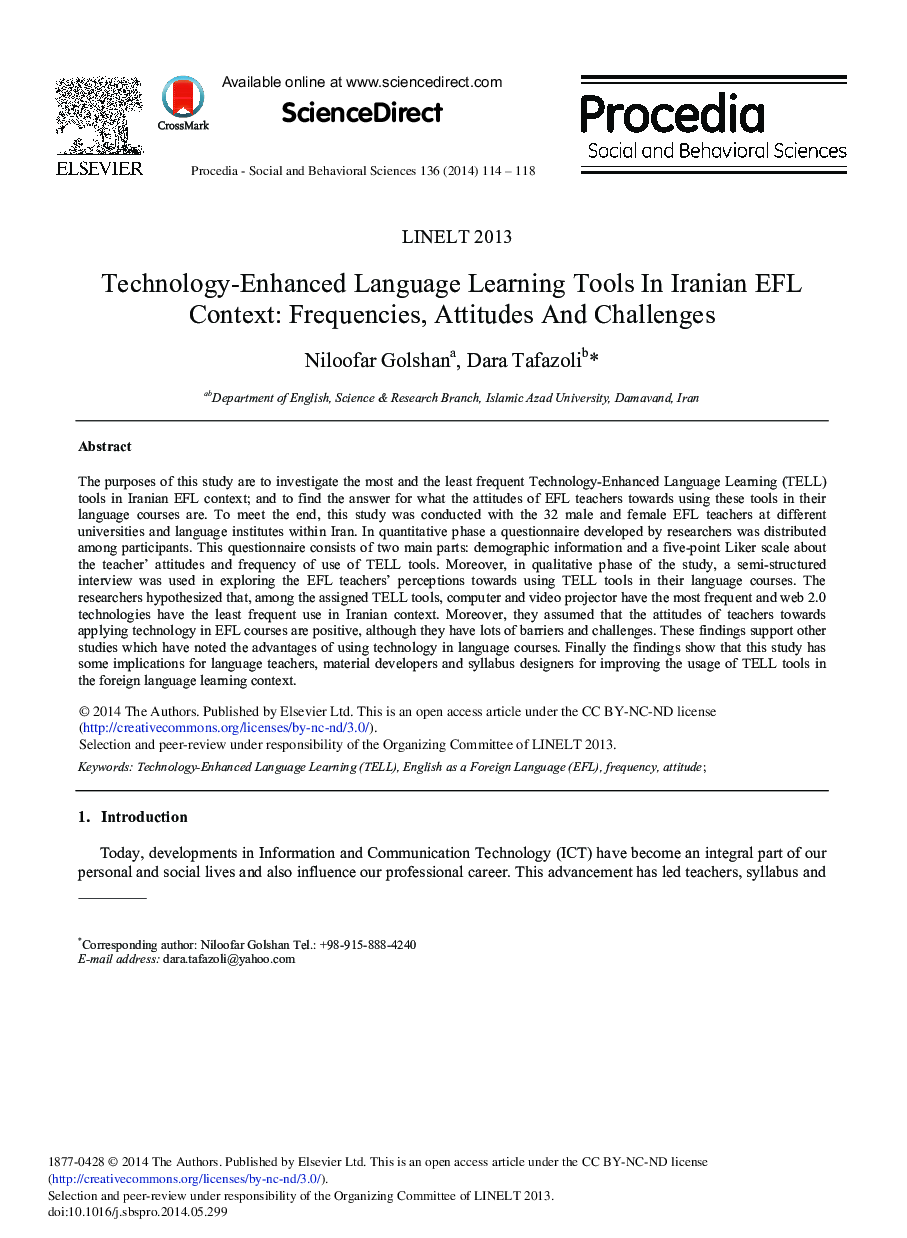 Technology-enhanced Language Learning Tools in Iranian EFL Context: Frequencies, Attitudes and Challenges 