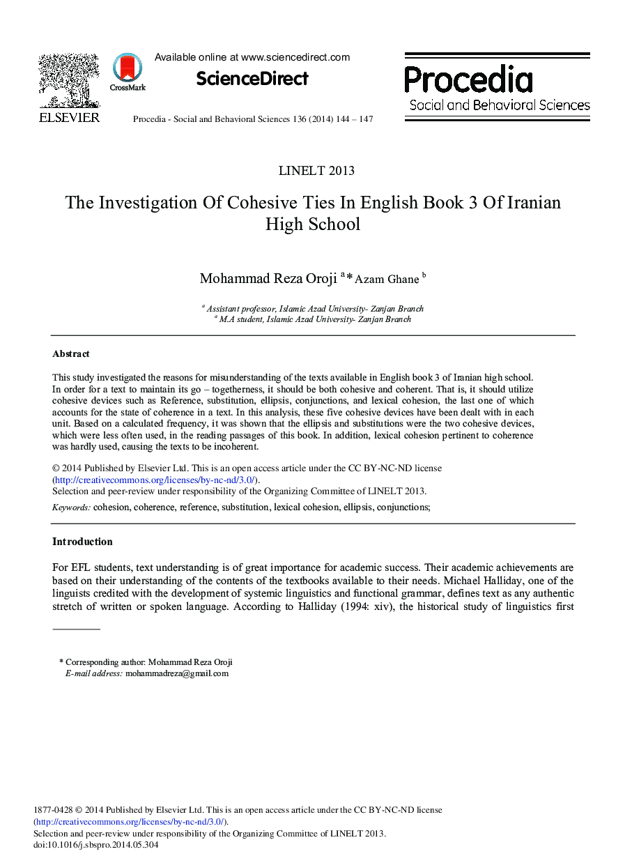 The Investigation of Cohesive Ties in English Book 3 of Iranian High School 