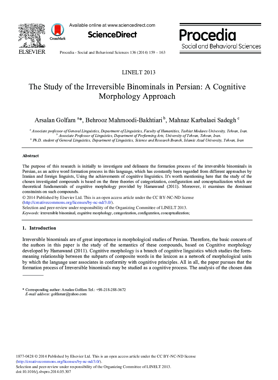 The Study of the Irreversible Binominals in Persian: A Cognitive Morphology Approach 