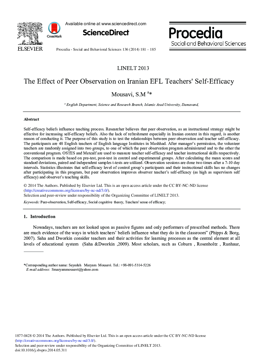 The Effect of Peer Observation on Iranian EFL Teachers’ Self-efficacy 