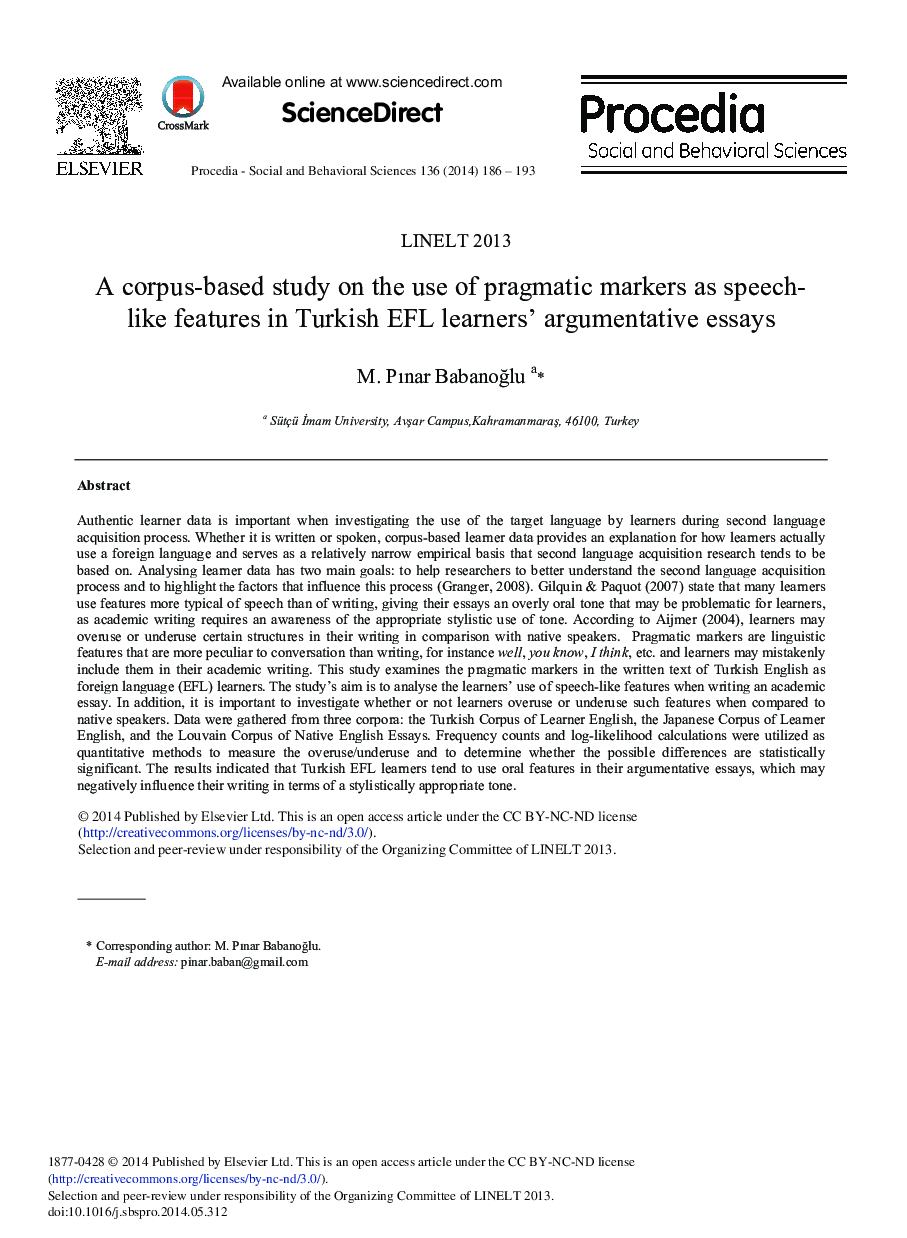 A Corpus-based Study on the Use of Pragmatic Markers as Speech-like Features in Turkish EFL Learners’ Argumentative Essays 