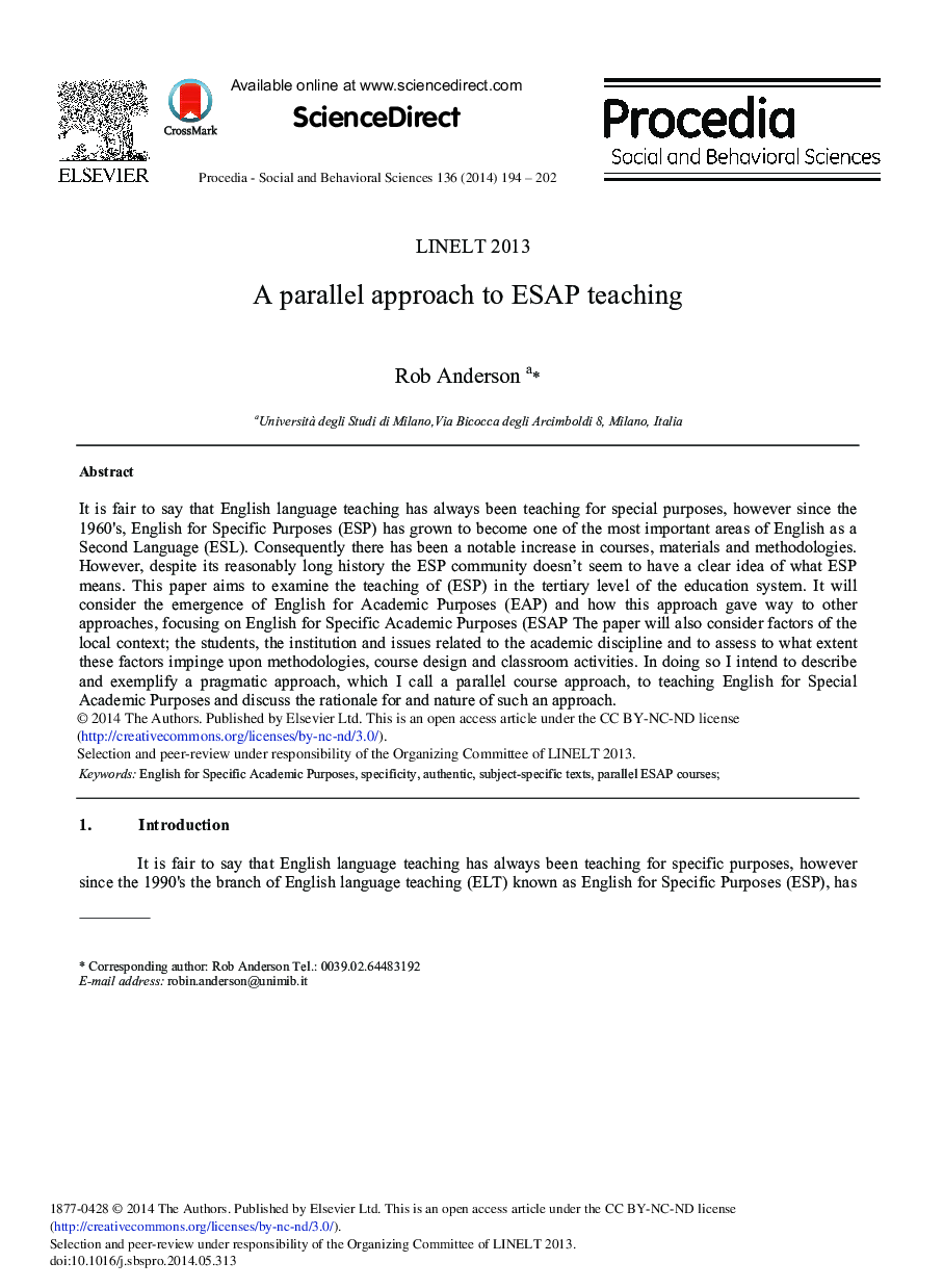 A Parallel Approach to ESAP Teaching 