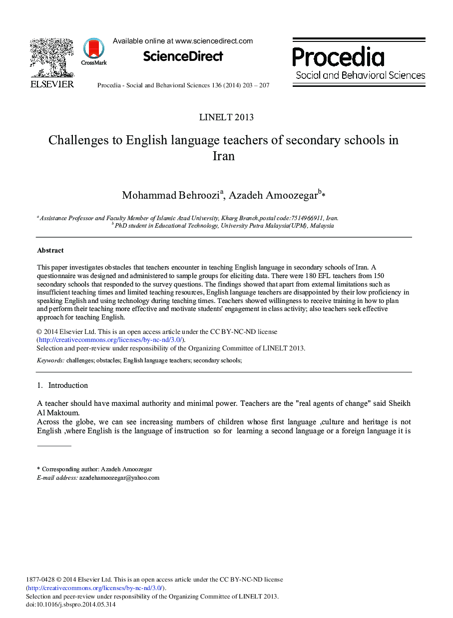 Challenges to English Language Teachers of Secondary Schools in Iran 