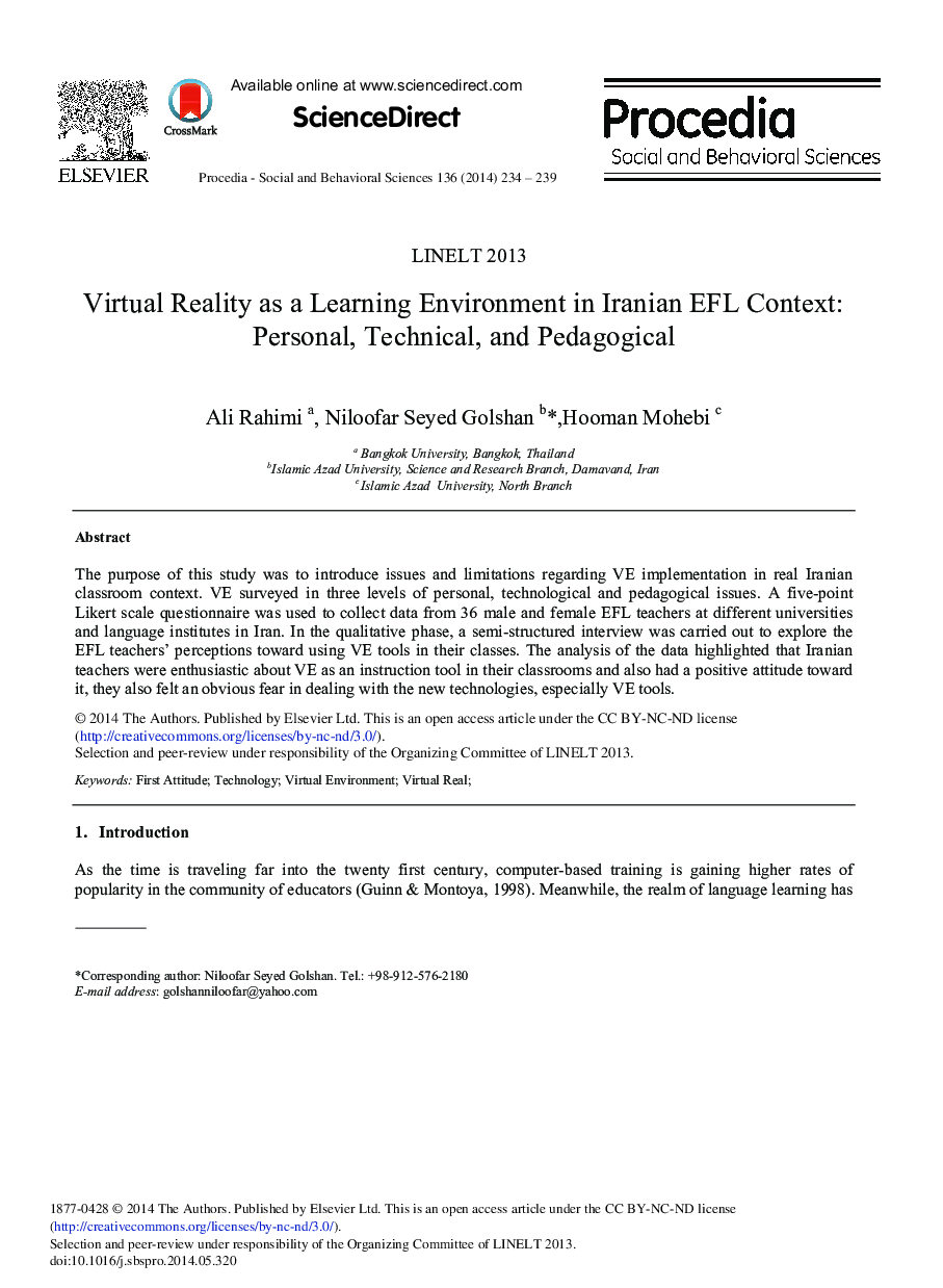 Virtual Reality as a Learning Environment in Iranian EFL Context: Personal, Technical, and Pedagogical 