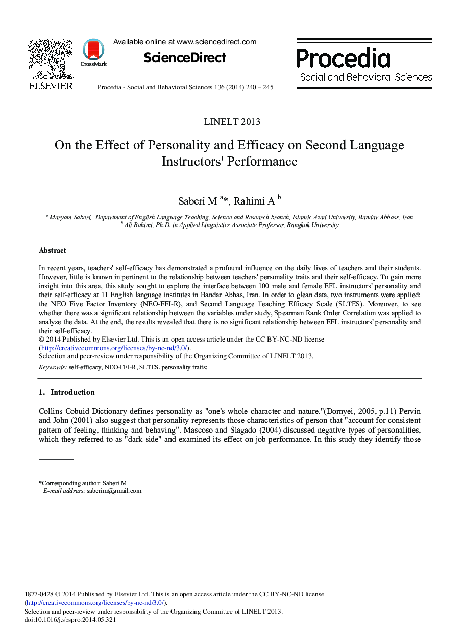 On the Effect of Personality and Efficacy on Second Language Instructors’ Performance 