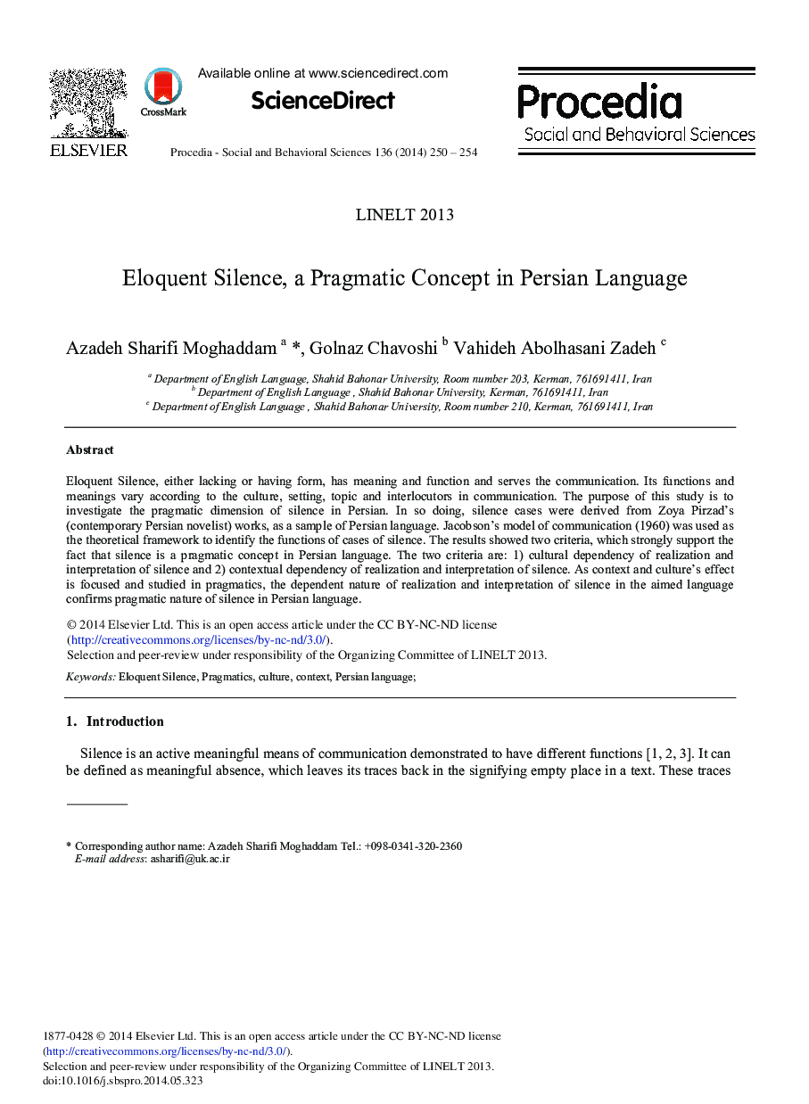 Eloquent Silence, a Pragmatic Concept in Persian Language 