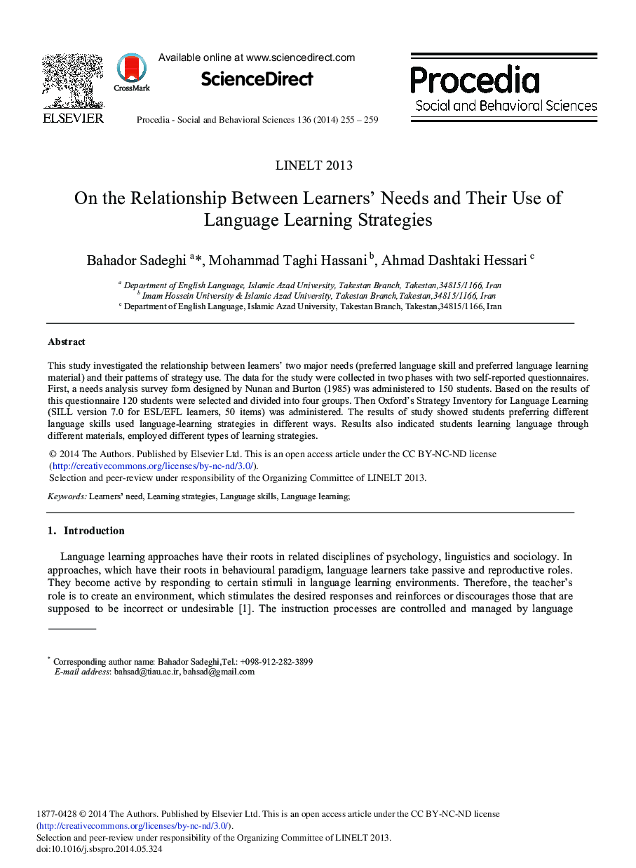 On the Relationship between Learners’ Needs and their Use of Language Learning Strategies 