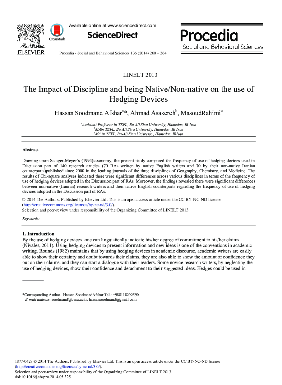 The Impact of Discipline and being Native/Non-native on the Use of Hedging Devices 