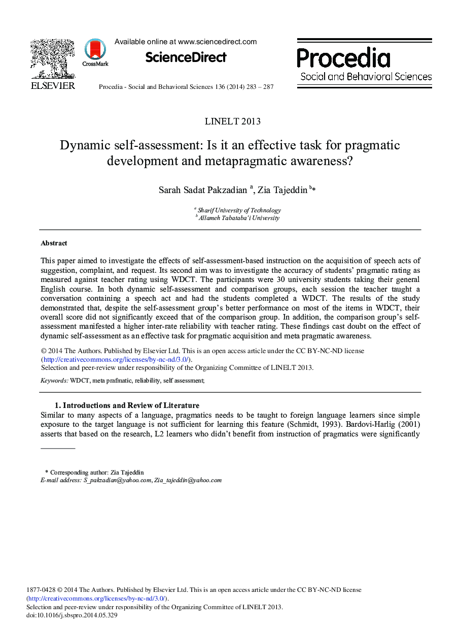 Dynamic Self-assessment: Is it an Effective Task for Pragmatic Development and Metapragmatic Awareness? 