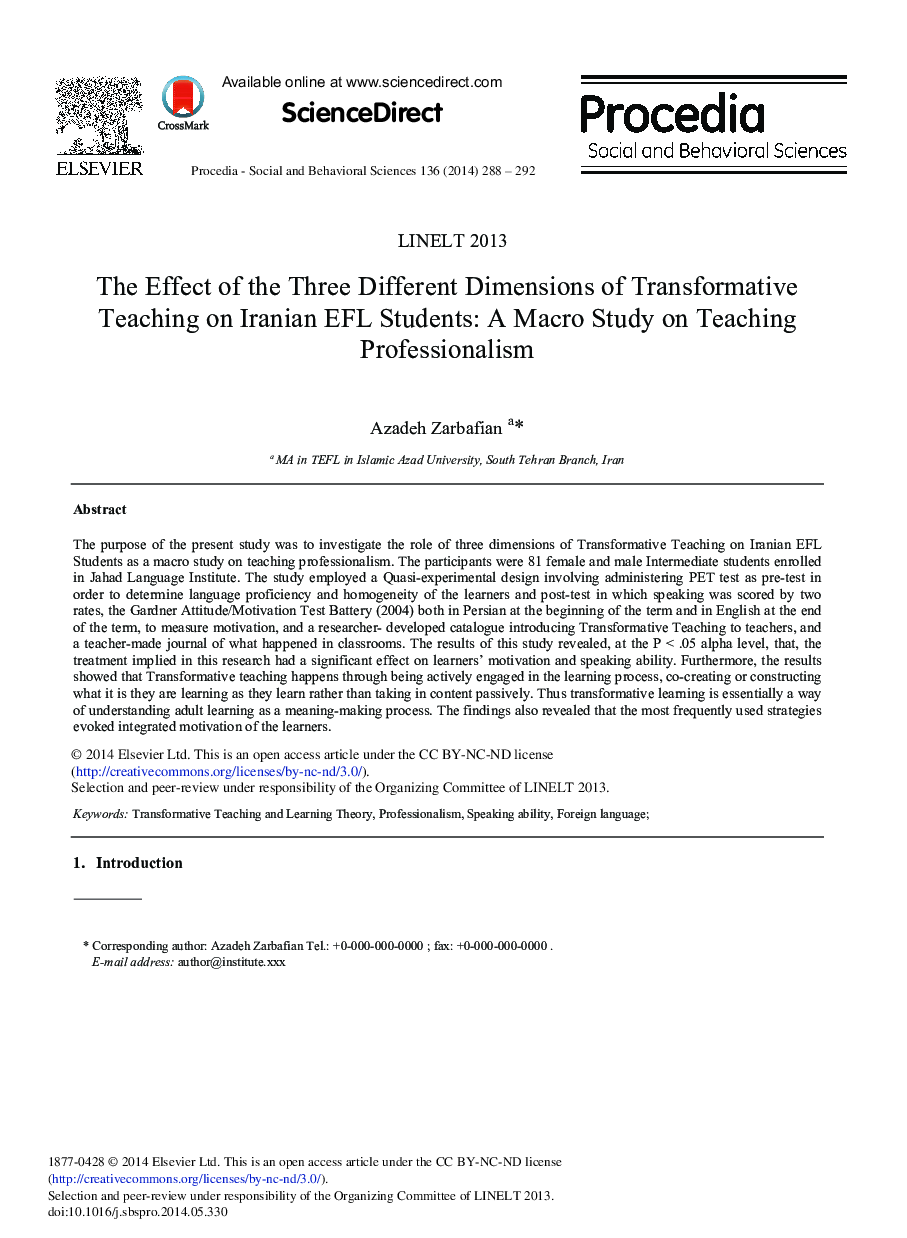 The Effect of the Three Different Dimensions of Transformative Teaching on Iranian EFL Students: A Macro Study on Teaching Professionalism 