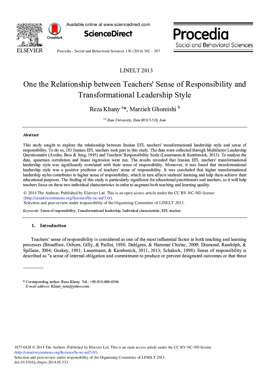 One the Relationship between Teachers’ Sense of Responsibility and Transformational Leadership Style 