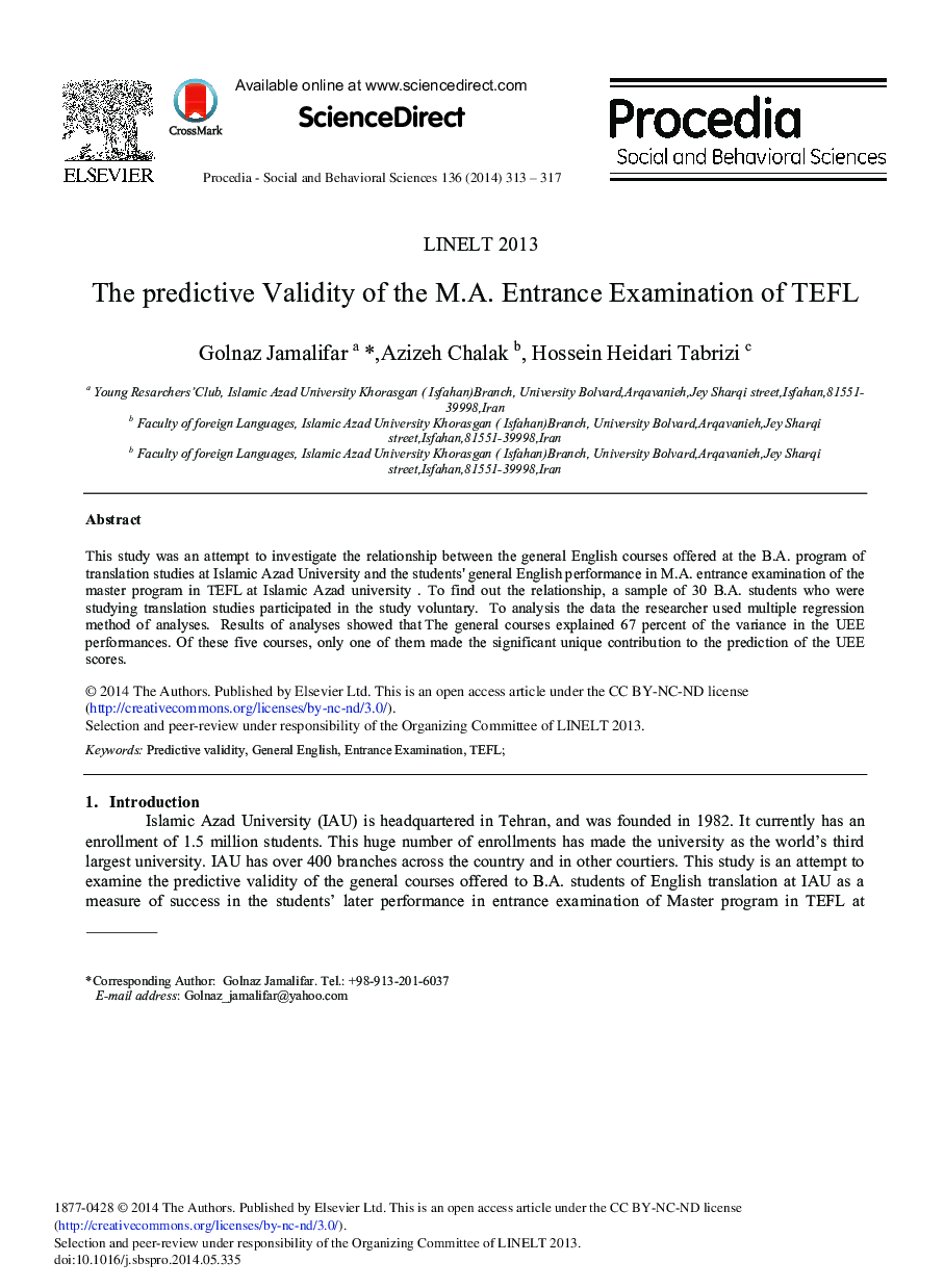 The Predictive Validity of the M.A. Entrance Examination of TEFL 