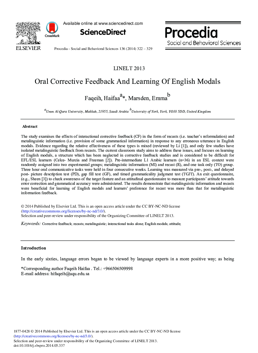 Oral Corrective Feedback and Learning of English Modals