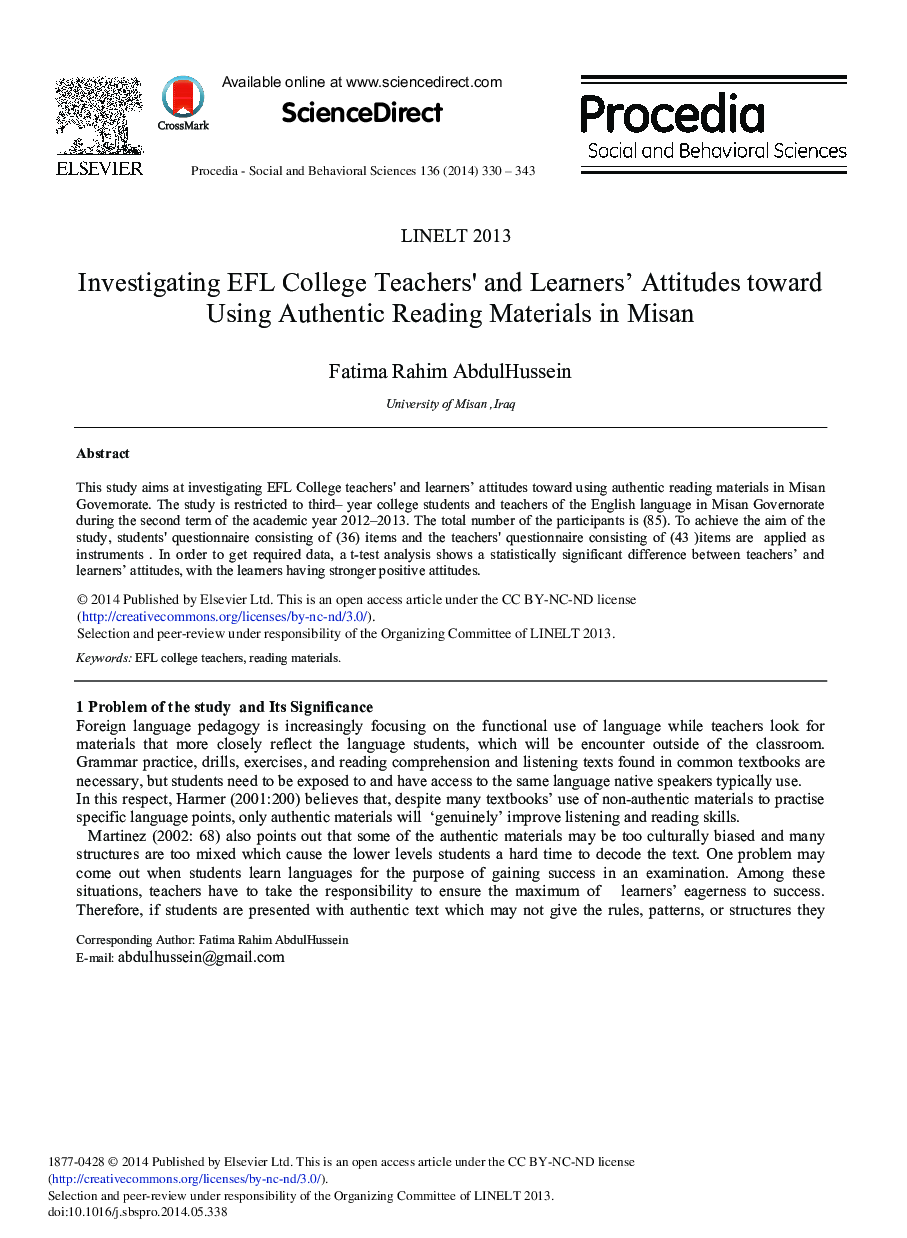 Investigating EFL College Teachers’ and Learners’ Attitudes toward Using Authentic Reading Materials in Misan 