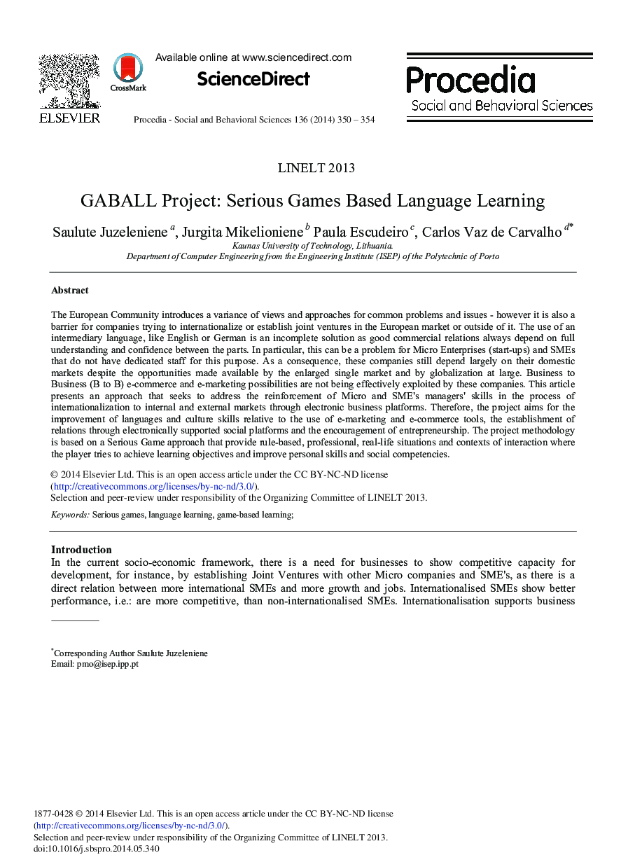 GABALL Project: Serious Games Based Language Learning 