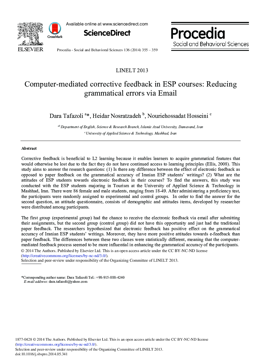 Computer-mediated Corrective Feedback in ESP Courses: Reducing Grammatical Errors via Email 