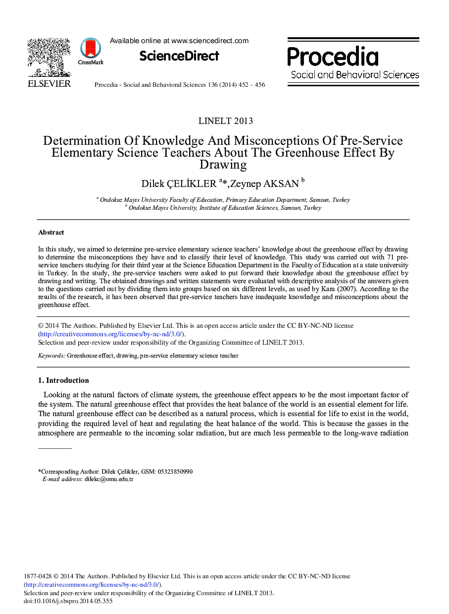 Determination of Knowledge and Misconceptions of Pre-service Elementary Science Teachers about the Greenhouse Effect by Drawing 