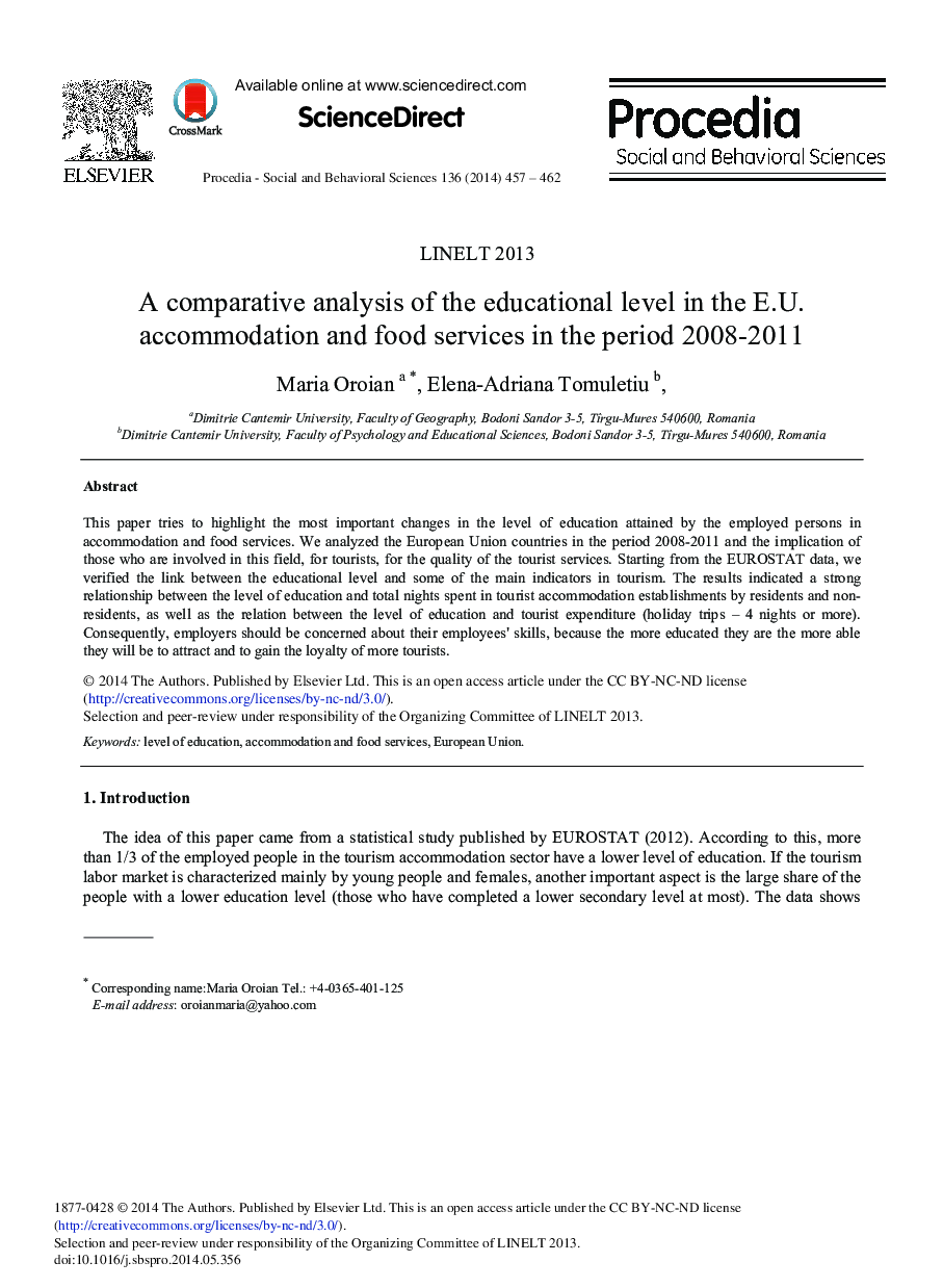 A Comparative Analysis of the Educational Level in the E.U. Accommodation and Food Services in the Period 2008–2011 