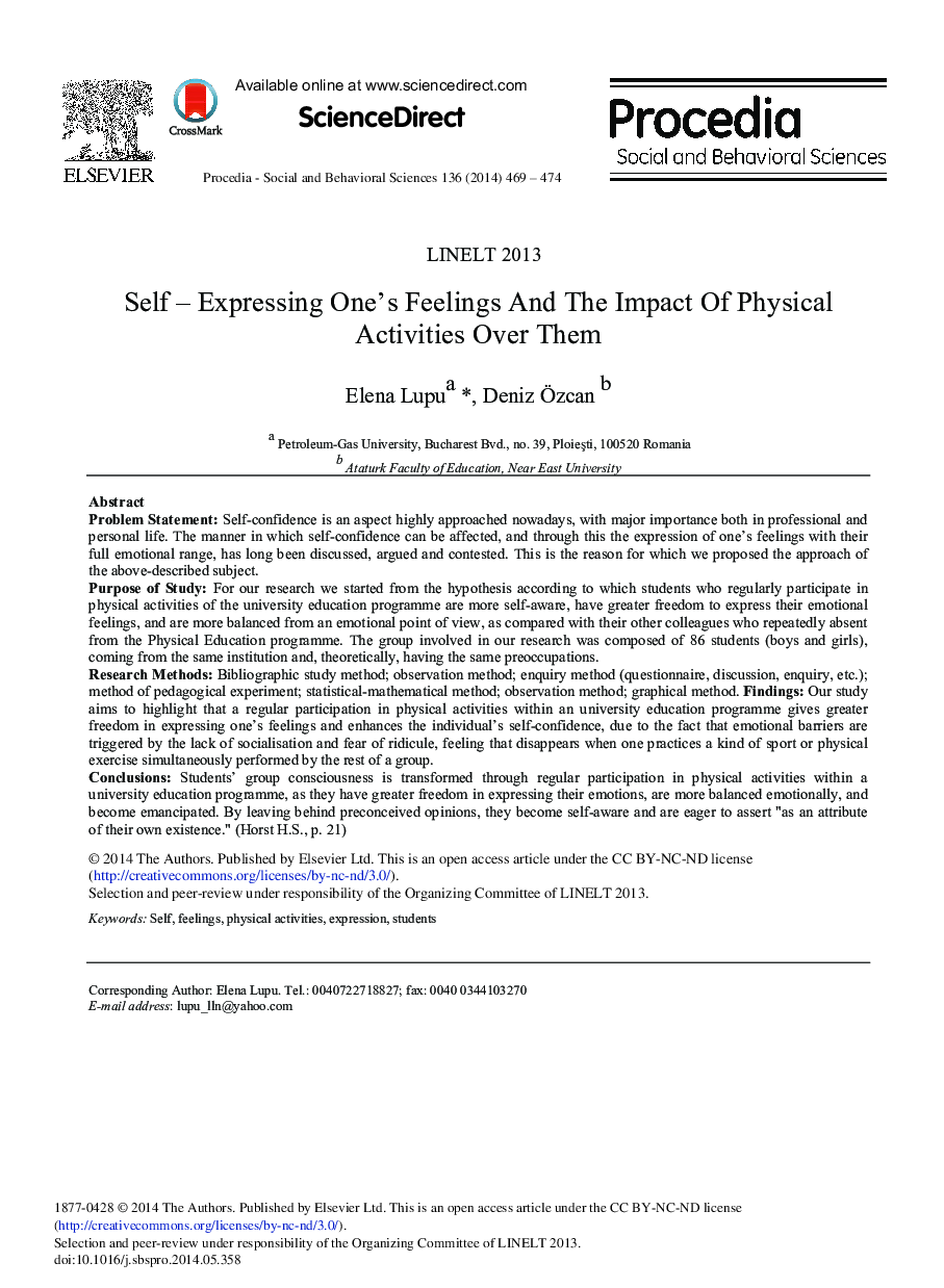 Self – Expressing One's Feelings and the Impact of Physical Activities over Them 