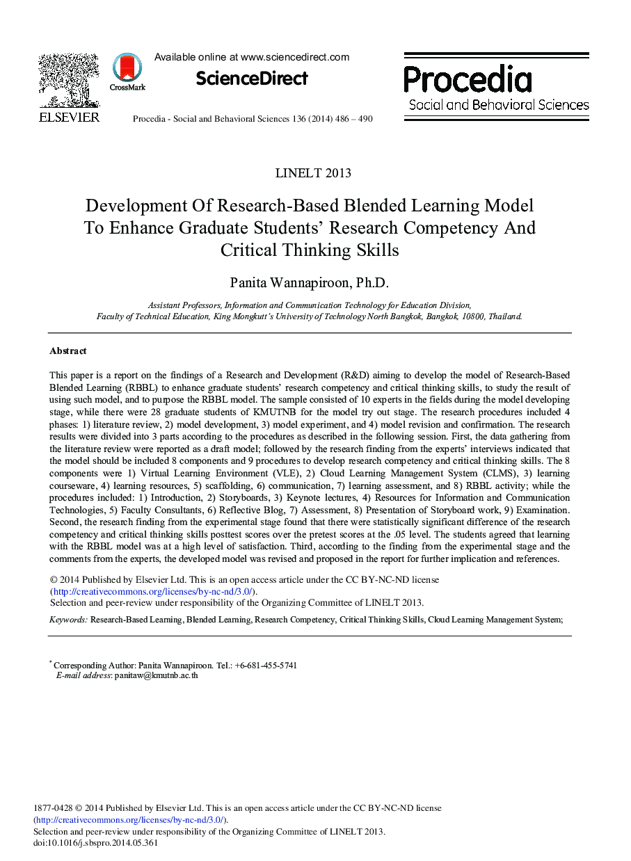 Development of Research-based Blended Learning Model to Enhance Graduate Students’ Research Competency and Critical Thinking Skills 