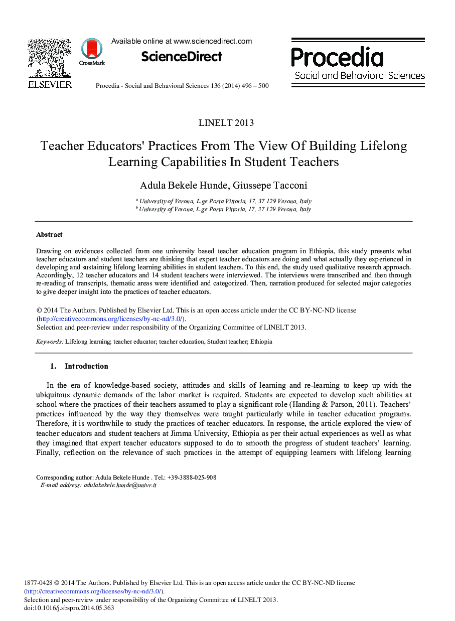 Teacher Educators’ Practices from the View of Building Lifelong Learning Capabilities in Student Teachers 