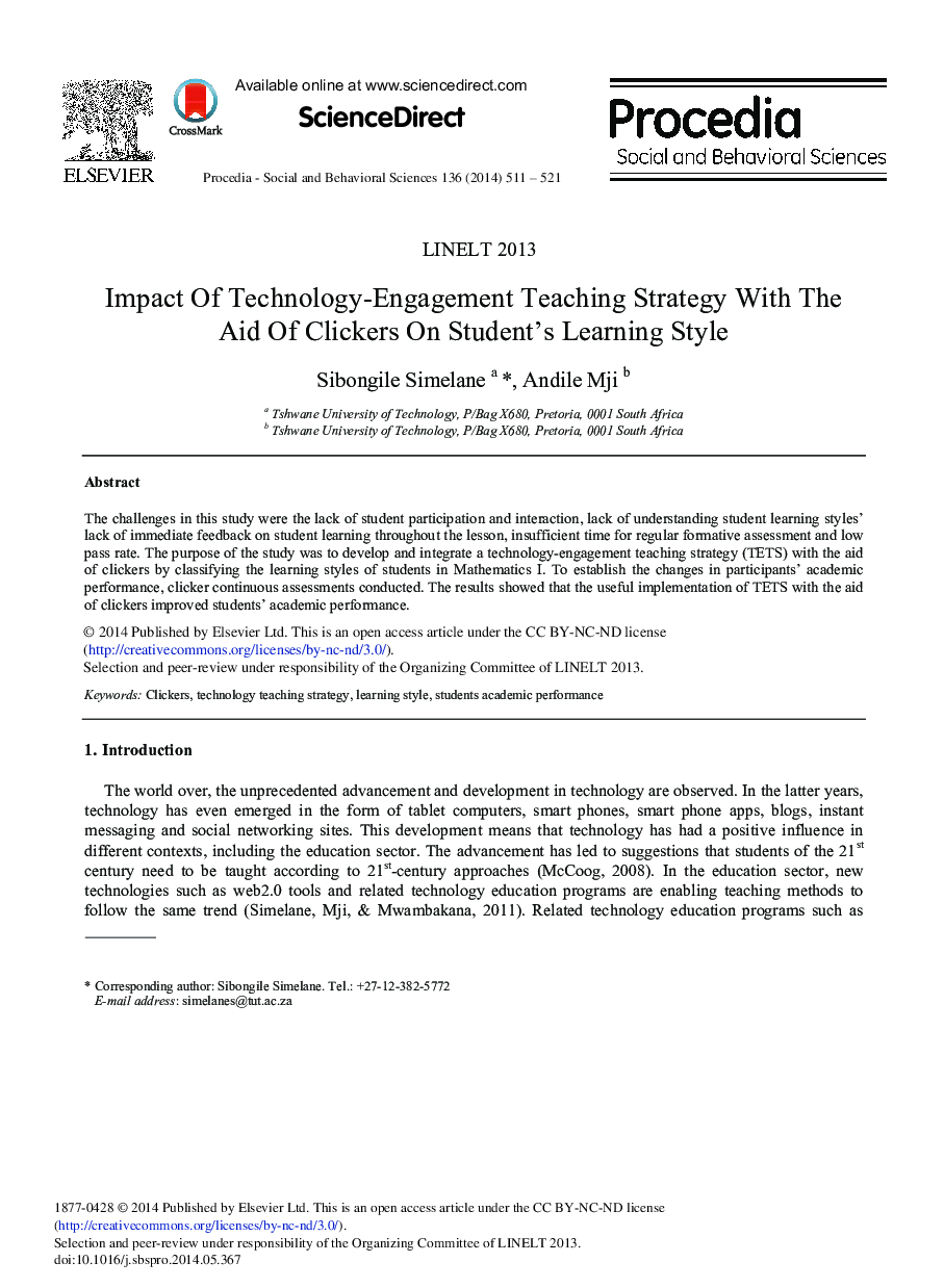 Impact of Technology-engagement Teaching Strategy with the Aid of Clickers on Student's Learning Style 